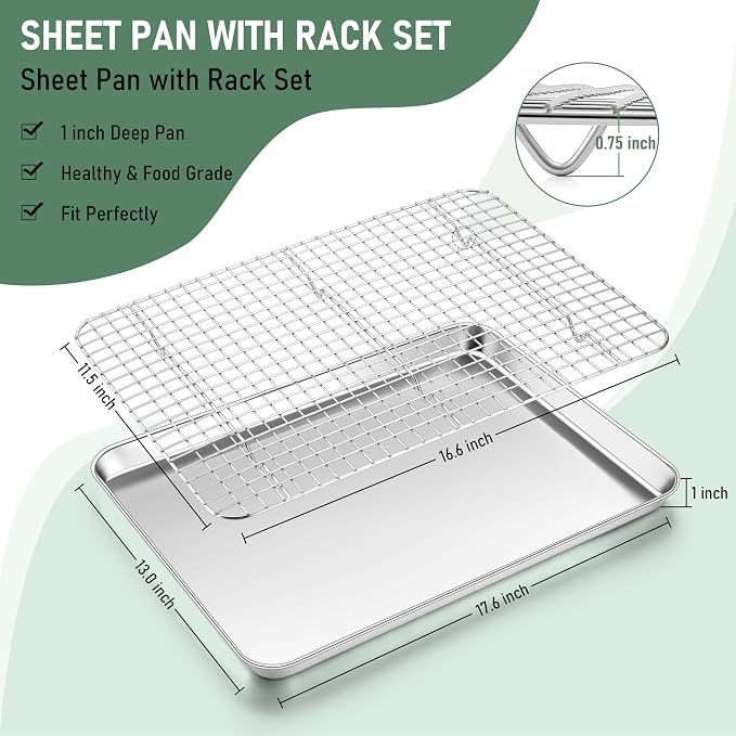 Homikit Half Baking Sheet with Wire Rack (1 Pan+1 Cooling Rack), 18" x 13" | Stainless Steel Cookie Sheet Pan with Cooling Rack Set, Large Bacon Tray for Oven Baking Cooking Roasting, Dishwasher Safe