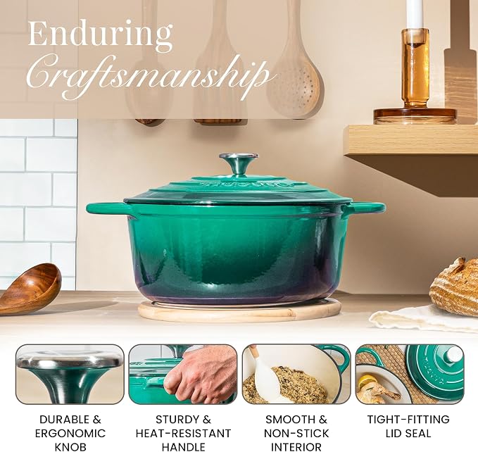 Cast Iron Dutch Oven with Lid - Non-Stick Ovenproof Enamelled Casserole Pot - Sturdy Dutch Oven Cookware - Dark Green, 5-Quart, 24cm - by Nuovva