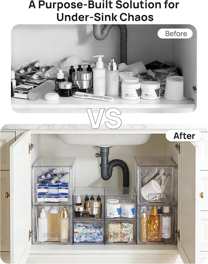 Vtopmart 8 Pack Clear Pull-Out Under Sink Organizer Set (4 Large & 4 Small) | Stackable Storage Drawers, Designed to Fit Bathroom & Kitchen, Under-Sink Organization