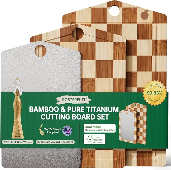 Pure Titanium Cutting Board, Bamboo Cutting Boards Set for Kitchen | 3PCS Chopping Boards for Kitchen, Large Metal Wood Cutting Board, Non Slip, Juice Grooves, Knife-Friendly, Dishwasher Safe