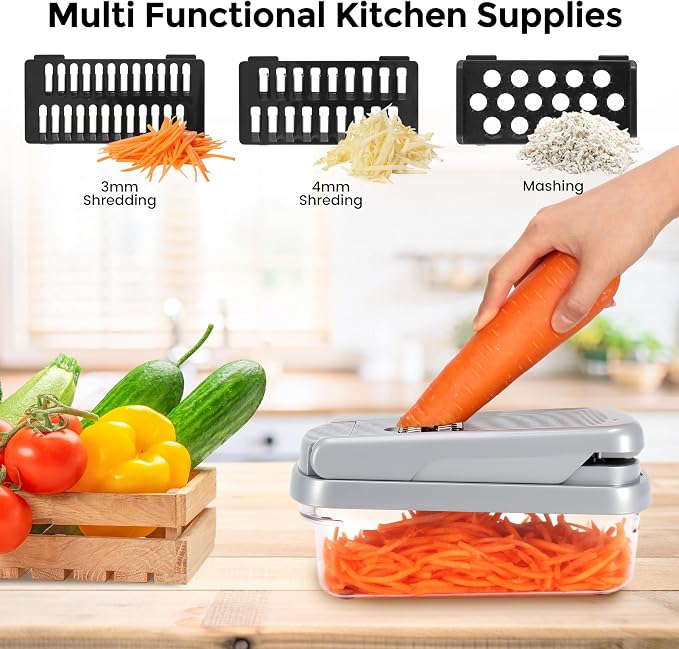 Yusshn Vegetable Chopper, 12-in-1 Food Veggie Chopper Cutter with Container | 7 Sharp Blades Dice, Slice, Shred and Grate for Salads, Onions and Meal Prep, with a Non-Slip Base and Drain Basket