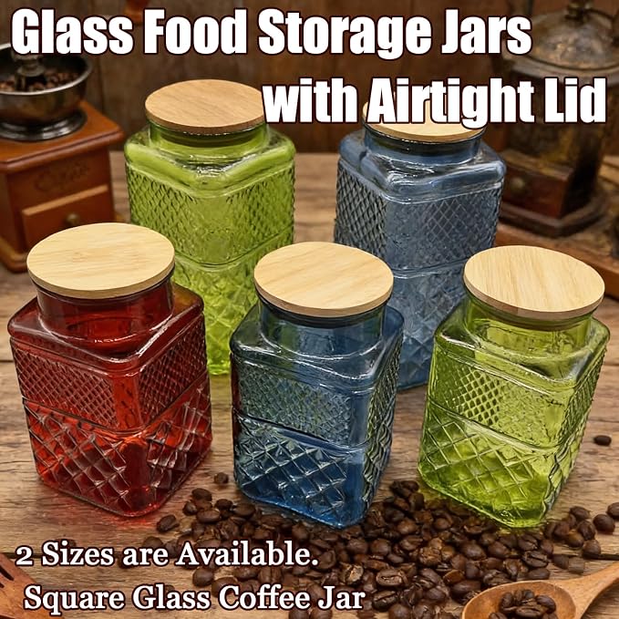 Coriario 1 Gallon Vintage Glass Jar with Lid Wood Spoon Green Square Decorative Glass Storage Jars Wide Mouth Canisters for Food Candy Flour Sugar Cookie Coffee Nuts