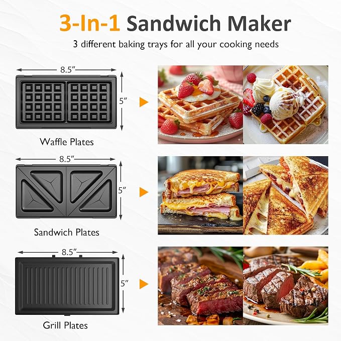 3 in 1 Electric Sandwich Maker with Removable Nonstick Plates - 1000W,Black | for Belgian Waffle/Panini/Grill/Pancake Griddle/Breakfast,Dishwasher Safe,Cool Touch Handle,Easy to Clean & Store