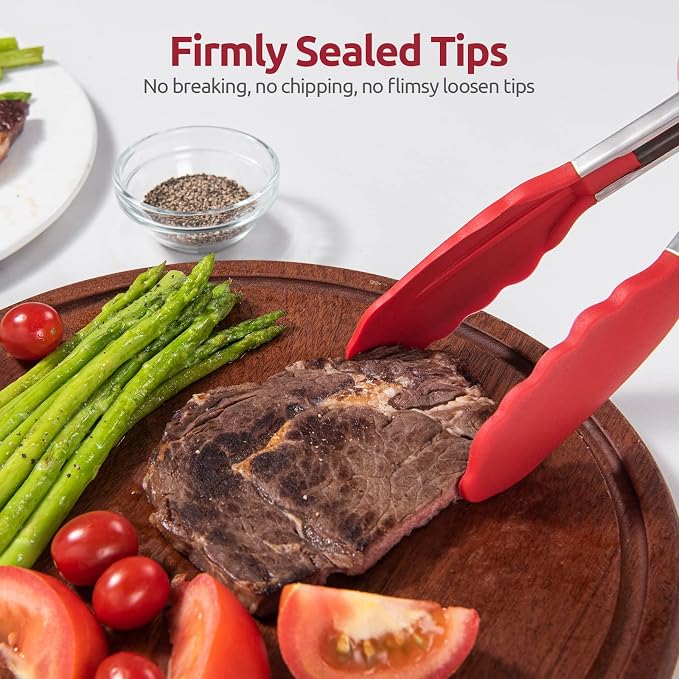 U-Taste Kitchen Tong for Cooking, 600ºF Heat-Resistant Silicone, 9in/Red | Rubber Tong for Serving Food, Salad/Grill/BBQ/Steak/Pasta Silicon Tongs, 18/8 Stainless Steel Handle & Smooth Locking