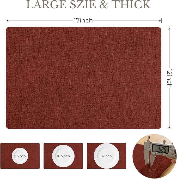 Romanstile Vinyl Placemats Set of 4-12 X 17 Inch - Faux Leather 100% Waterproof Wipeable Anti Slip Place Mats, Heat Resistant Reversible PU Table Mats for Kitchen Dining Party Outdoor, Red
