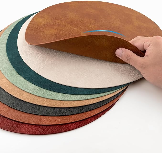 ADRIMER Placemats, Heat Resistant Round Placemats Set of 8 Washable, Waterproof Table Mats, Wipeable Faux Leather Place Mats for Kitchen, Dining Room, Turmeric Brown
