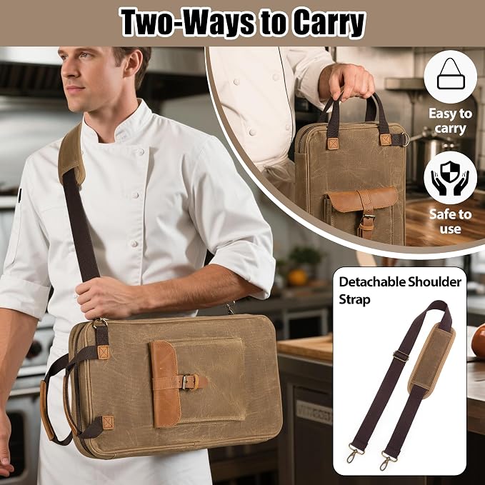 Damero Chef Knife Bag, Waxed Canvas Chef Bag with 11 Slots & 2 Mesh Pockets | Chef Storage Bag Knife Carrier Travel Knife Bag with Top Handles, Detachable Shoulder Strap for Kitchen Tools & Chef Utensils