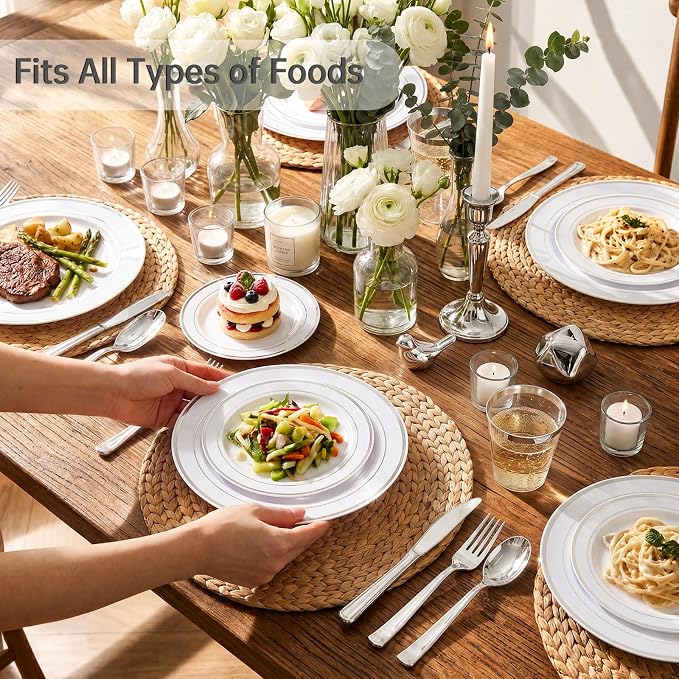 DaYammi 350PCS Silver Plastic Dinnerware Set for 50 Guests, Fancy Disposable Plates for Party, Include: 50 Dinner Plates, 50 Dessert Plates, 50 Pre Rolled Napkins with Silver Silverware, 50 Cups