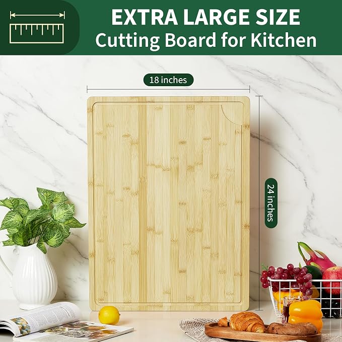 24"X18" Bamboo Cutting Boards for Kitchen, Extra Large Wood Cutting Board with Deep Juice Groove & Handle