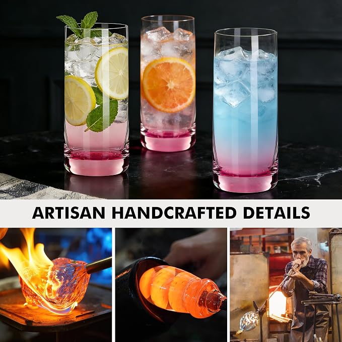Pink Highball Glasses Set of 6, Drinking Glass for Mixed Drink | 13oz ,Cups for Cocktail, Beer, Mojito, Water and Juice,Thick Tall Glassware for Kitchen, Restaurant, Home Bar and Parties