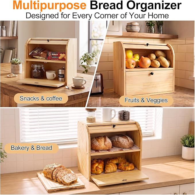 Alpeir Roll Top Bread Box with Cutting Board for Kitchen Countertop | Large Breadbox with Ventilation Holes, Double Layer Pantry Shelf, Wooden Homemade Bread Storage Container, Vintage Farmhouse