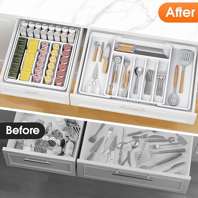 SpaceHacks Silverware Organizer，Adjustable & Expandable Drawer Organizer | Utensil Drawer Organizer, BPA Free Utensil Holder, Cutlery Tray for Forks, Spoons, Knives in Kitchen, Large, White