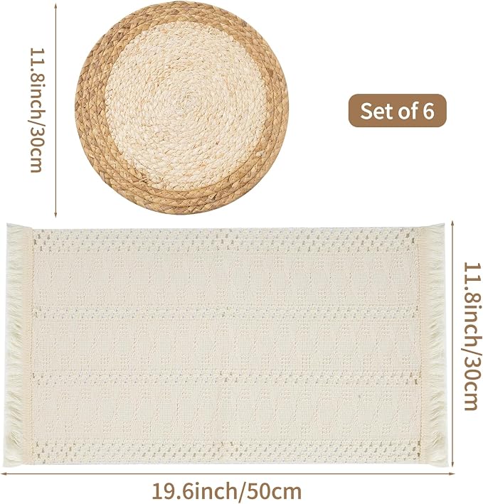 Handmade Boho Placemats Set of 6 | Natural Woven & Fabric Cotton Combo Table Mats | 12-Piece Versatile Place Mats | Rustic Farmhouse Style Dining Table Decor