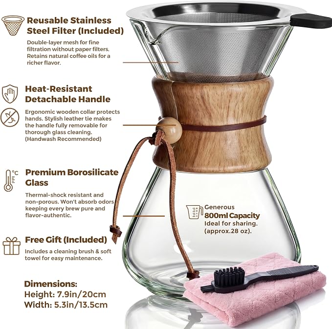 AGOGO Pour Over Coffee Maker Set, 28oz Slim Style, 304 Stainless Filter | Barista kit for home kitchen, Cafe, Camping & Office; 20oz-40oz Classic, Slim, Diamond styles; Includes brush & towel.
