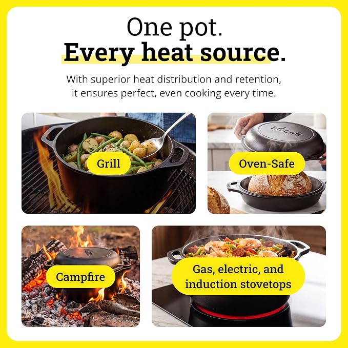 Lodge Cast Iron Dutch Oven 7 Quart - Loop Handle Cooking Vessel - Even Heat Retention - Oven-Safe, Versatile Pot