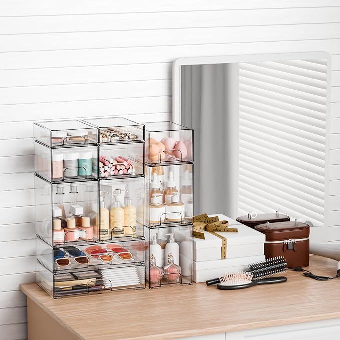 2 Pack Clear Stackable Storage Drawers,7.6" H Baby Bottle Organizer,Acrylic Drawer Containers for Cosmetics,Skincare,Beauty Products,Cabinet,Vanity,Kitchen,Under Sink and Bathroom Storage Bins