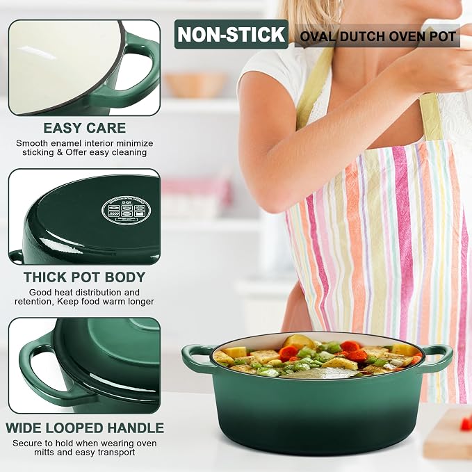 E-far 5QT Oval Dutch Oven Pot with Lid, Enameled Cast Iron Dutch Oven | with Dual Handles for Homemade Sourdough Bread Baking, Nonstick Enamel Coated Cookware, Non-Toxic & Easy Clean, Dark Green