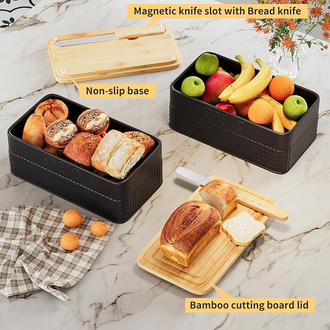 Bread Box for Kitchen Countertop,Metal Bread Storage Bin with Bamboo Cutting Board Lid, Includes Bread Knife, Fits Sourdough & Buns, Stylish Organize (Black)