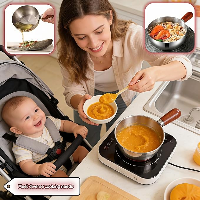 800ml/27oz Wood Handle Saucepan - 316 Stainless Steel, Multi-Use Induction Compatible Pan for Milk, Soup, Oatmeal, Camping & Small Kitchen