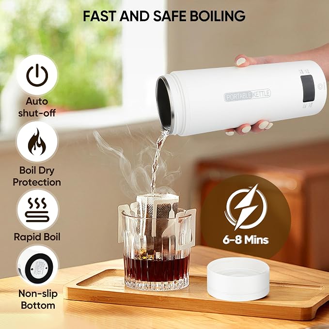 Travel Portable Electric Tea Kettle, Water Boiler,15oz,316 Stainless Steel | Small Coffee Heater, Fast Boiling Water, Auto Shut-off, Boil Dry Protection, 4 Temp Settings, Hotel,RV White