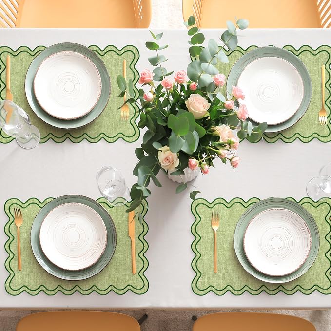 Whaline Sage Green Placemats Embroidered Scalloped Boho Kitchen Place Mats for Wedding Bridal Baby Shower Jungle Theme Party Home Dining Table Decor, Set of 6, 13 x 19 in