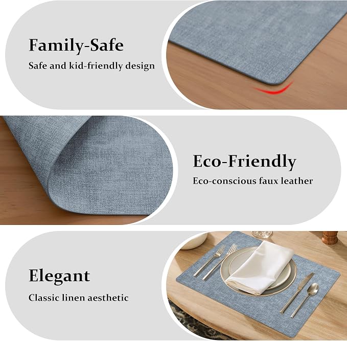 FROMHEART Faux Leather PU Placemats Set of 4 (Light Blue,11.8" x 17") | Waterproof,Heat/Oil Stain-Resistant Table Mat–Reversible,Non-Slip,Easy to Clean Place Mats for Kitchen,Dining,Indoor/Outdoor