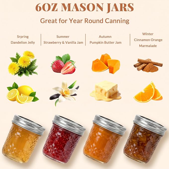 CycleMore Mason Jars 6 oz, 12 Pack Diamond Glass Jars with Silver Split Lids, Small Canning Jars for Caviar, Jam, Honey, Jelly, Sauce, Spices and Wedding Favors