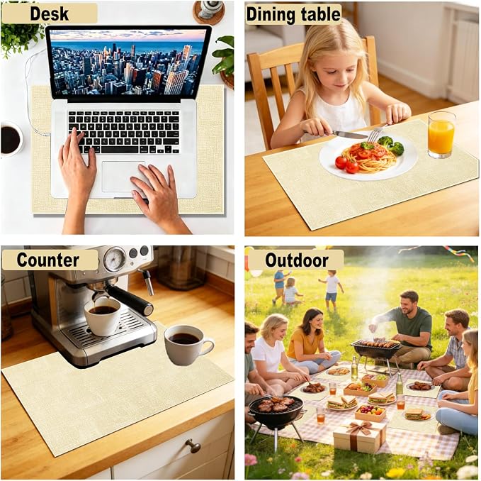 Faux Leather Placemats Set of 6, 11.8"x17.7", Off-White | Reversible Table Mats, Waterproof, Stain & Heat Resistant, Easy Clean for Dining, Gatherings, Outdoor
