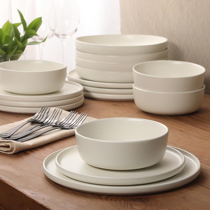 Gibson Elite Bayou Moon Plates and Bowls Sets, 16-Piece White Matte Stoneware Dinnerware Sets, Solid Color Reactive Glaze Dish Set