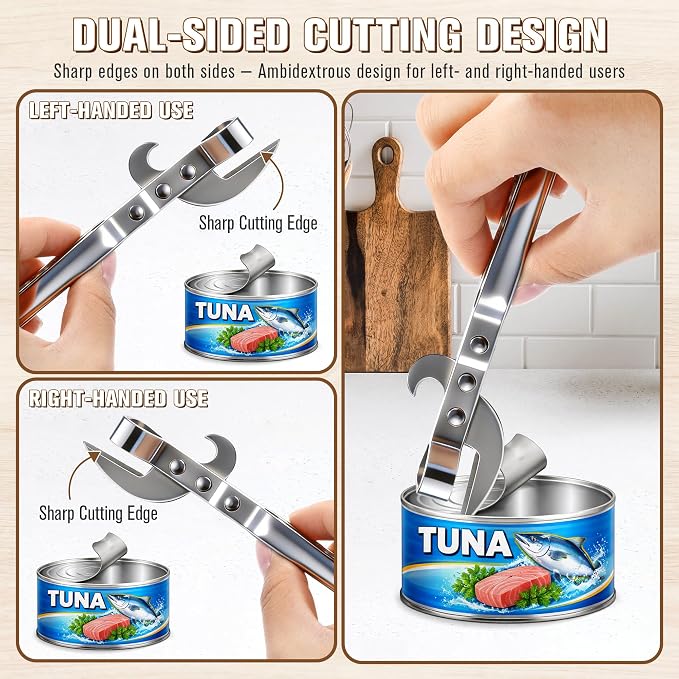 2 Pack 3 in 1 Can Openers, Vintage Can Opener with Dual Sided Blade, Left & Right Hand Friendly, Heavy Duty Stainless Steel Old Fashioned CanOpener, One for Kitchen, One for Camping