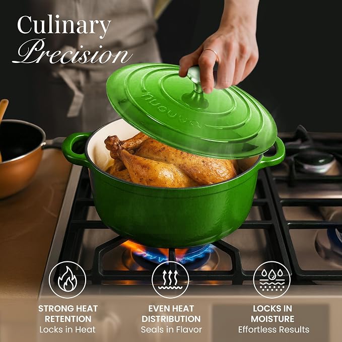 Cast Iron Pot with Lid-Non-Stick Ovenproof Enamelled Casserole Pot, Oven Safe up to 500° F-Sturdy Dutch Oven Cookware - Green, 5-Quart, 24cm-by Nuovva