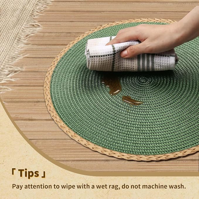 Round Placemats Set of 6, Woven Table Mats, Thin Edge, Green | Braided Paper Edge, 15 Inch Diameter, Fits Dinner Plate and Flatware, Wipeable, Heat Resistant, Indoor Dining, Outdoor Patio