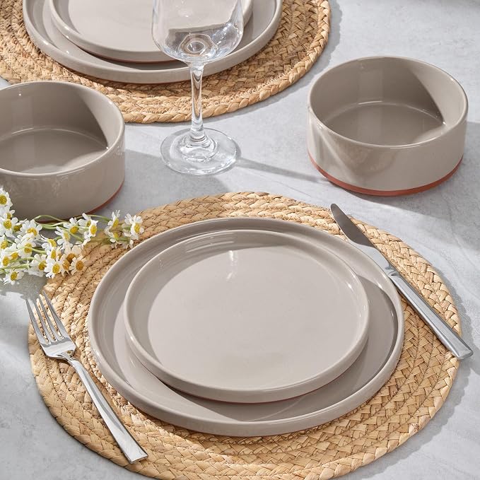 LIANYU Stoneware Dinnerware Set Service for 4, 12 PCS Plates and Bowls Sets | Handmade Ceramic Dish Set, Highly Chip and Crack Resistant Modern Plate Set, Terra Brown