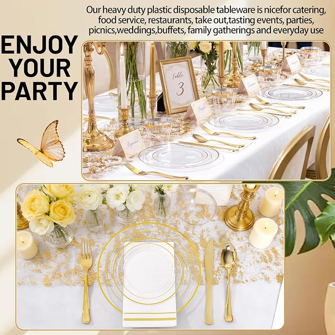 GATHER 350PCS Clear Plastic Plates with Gold Rim for Wedding and Party | Clear and Gold Disposable Dinnerware Sets include 100 Plates, 150 Silverware, 50 Napkins, 50 Cups for Anniversary Birthday