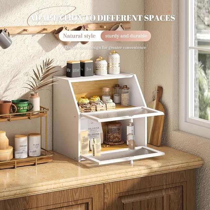 STDDRE Bread Box for Kitchen Countertop Bin Double Layer Bread Box Storage Container Extra Large Capacity with Diamond Pattern Windows (White, Extra Large)