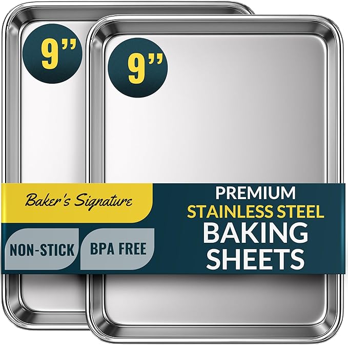 Stainless Steel Cookie Sheet Set of 2, 9" Baking Sheet Pans, Non-Stick | Mirror finish & rust-resistant; BPA-free and dishwasher safe; ideal for everyday oven roasting