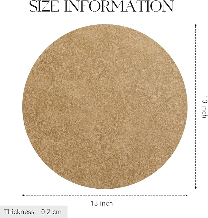 MOSAYT 13 Inch Round Vinyl Placemats Set of 8 - Faux Leather 100% Waterproof Oil-Proof Wipeable PU Place Mats, Heat Resistant Reversible Table Mats for Kitchen, Dining, Outdoor, Camel