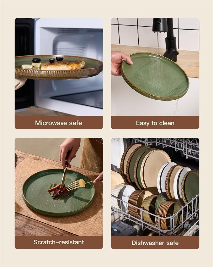 Dinnerware Set for 6, Ceramic Ribbed Plates, Bowls, Dishes | 18-Piece Stoneware Dinner Sets, Handmade Reactive Glaze, Microwave & Dishwasher Safe, Chip & Scratch Resistant, Moss Green