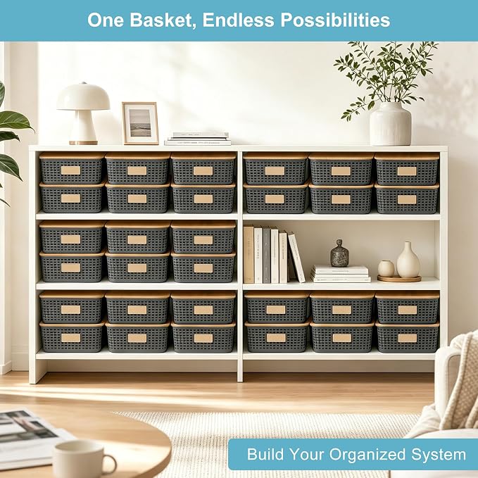 4 Pack Plastic Storage Bins with Bamboo Lids, 6.2qt Stackable Storage Organizer Box with Lable for Pantry Shelves Drawers Desktop Office, 12"L x 8.3"W x 3.5"H, Gray