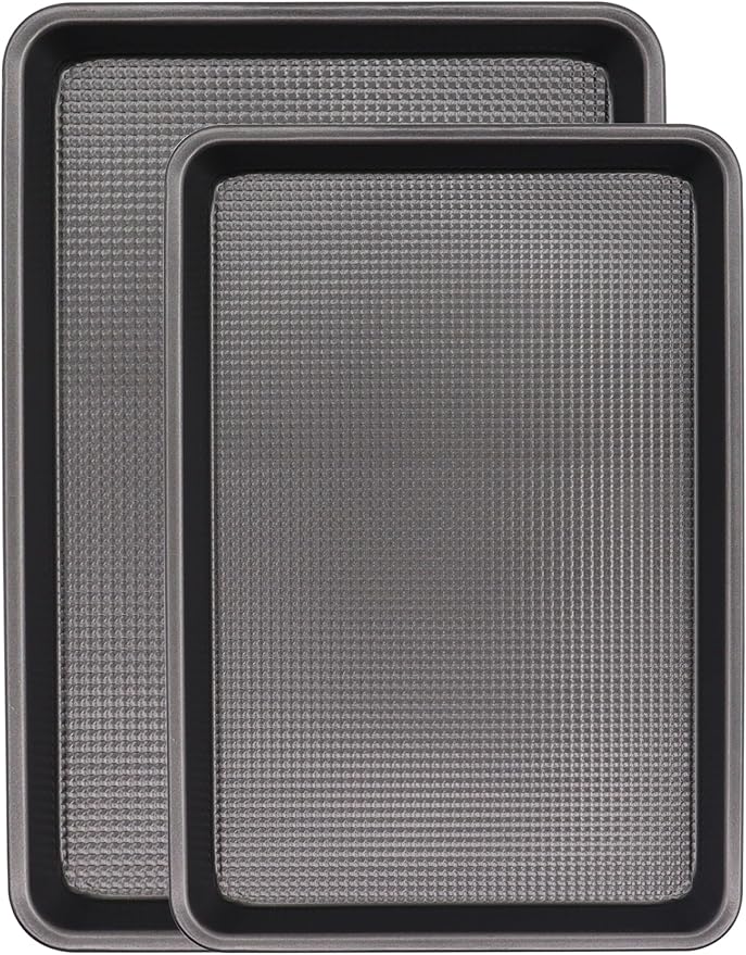 Cookie Sheets for Baking Nonstick, 2 Pack Heavy Duty 0.8mm Dark Gray Sheet Pan Set Quarter(9x13in) & Jelly Roll(10x15in), Diamond Textured Commercial Grade, Small Oven Safe