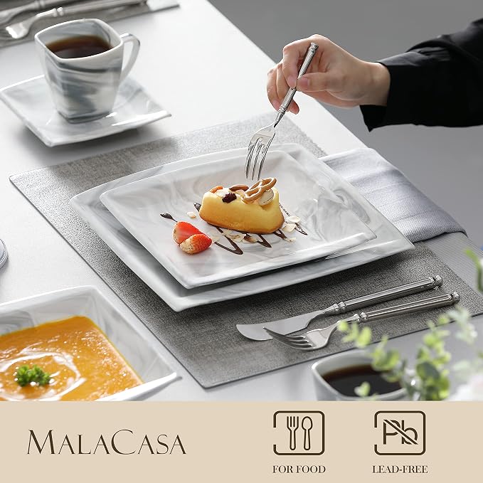 MALACASA Dinnerware Sets, 30 Piece Porcelain Plates and Bowls Sets for 6, Square Dish Set with Dinner Plates Set, Cup and Saucer, Modern Dishware Dishes Microwave Safe, Marble Grey, Series Blance | Complete with Plates, Bowls, Cups, Saucers, Microwave ...