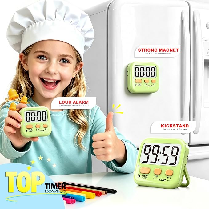 2 Pack Digital Timer for Kids Classroom Kitchen Timers for Cooking | w/ Battery, Easy to View, Alarm, Mute Mode, Count Down/Up, Magnetic, Kickstand, Hanging, Classroom Timer for Teacher Supplies