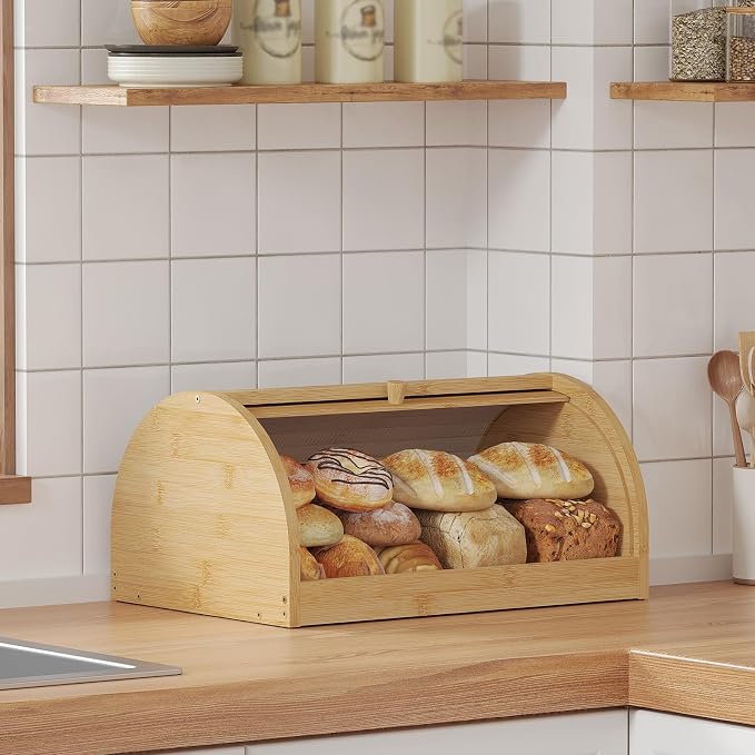 STDDRE Corner Bread Box for Kitchen Countertop Roll Top Bread Box Kitchen Food Storage Box for Homemade Bread Bread Holder for Kitchen Counter Pantry Shelf (Natural)