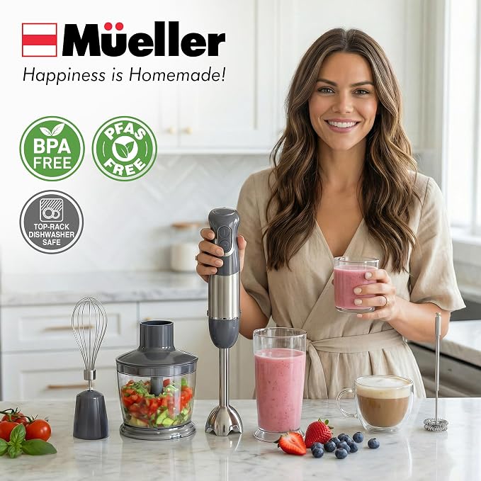 Mueller Multistick 5-in-1 Immersion Blender Handheld, 12-Speed Hand Mixer | Turbo Boost,Heaviest Duty Copper Motor,Titanium reinforced Blades Hand Blender,Milk Frother Wand,Whisk,Beaker,Chopper,Grey