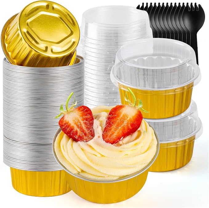 60Pcs Mini Aluminum Foil Baking Loaf Pans with Lids and Spoons | Round Mini Cake Pan, Brownie Baking Cups for Picnics Party (Gold)