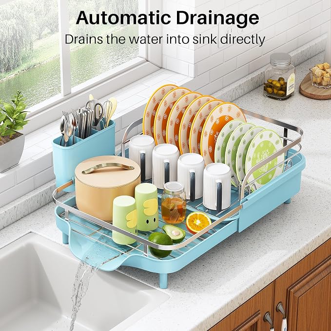 SAYZH Expandable Dish Drying Rack for Small Kitchen Counter, Blue | Stainless Steel, Protective Guardrail, Angled Drainboard, Fits High-Rim Sinks, Removable Utensil Holder