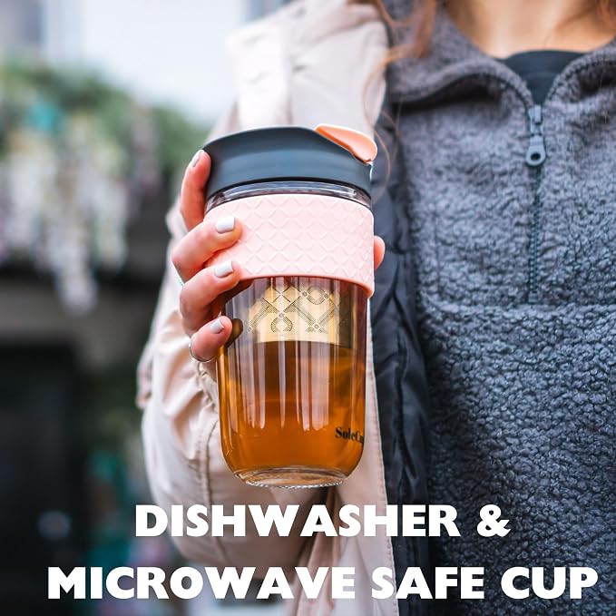 Large Travel Mug Loose Tea Infuser - Detachable Tea Strainer with Spill Proof Lid - 18oz/530ml BPA-Free Reusable Glass Travel Coffee Cup with Silicone Band (Ice Cream, 18oz)