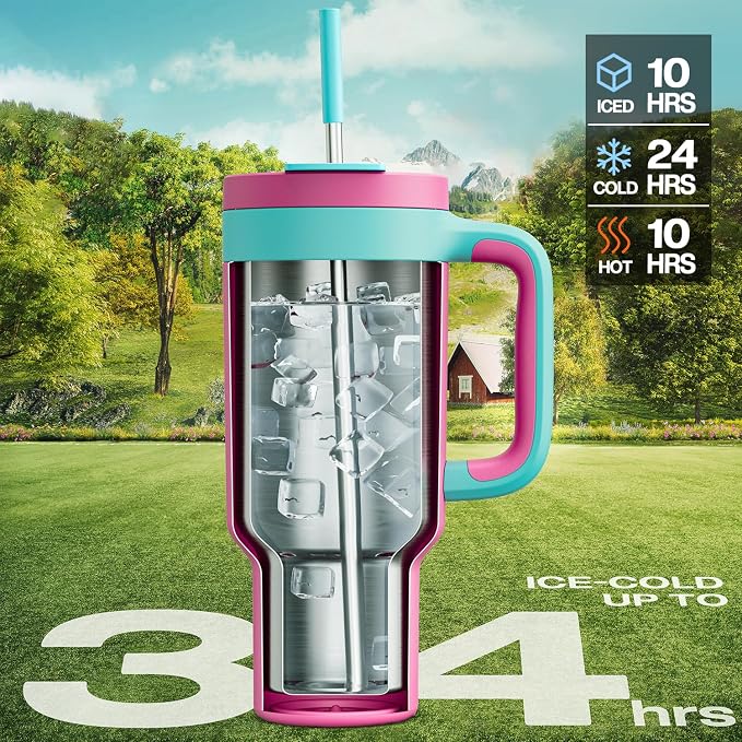 POWCAN 40 oz Tumbler with Handle, 2-in-1 Straw and Sip Lid, Leakproof, Dishwasher Safe, Insulated Stainless Steel Travel Coffee Mug, Keeps Cold for 34 Hours, Fits in Car Cup Holder (Petal)