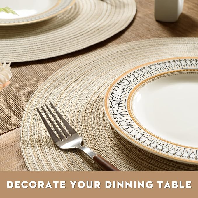 FunWheat Round Braided Placemats Set of 4 Place mats for Dining Tables Woven Heat Resistant Table Mats 15 inch (E Beige, 4pcs)