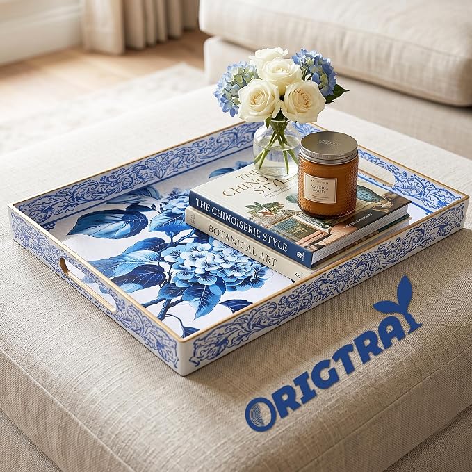 Serving Tray with Handles, Rectangular Plastic Tray 15.75x11.81 Inch, Decorative Tray for Kitchen, Dining Table, Vanity, Office & Home (Blue Hydrangea, 15.8" x 11.8" x 1.6")